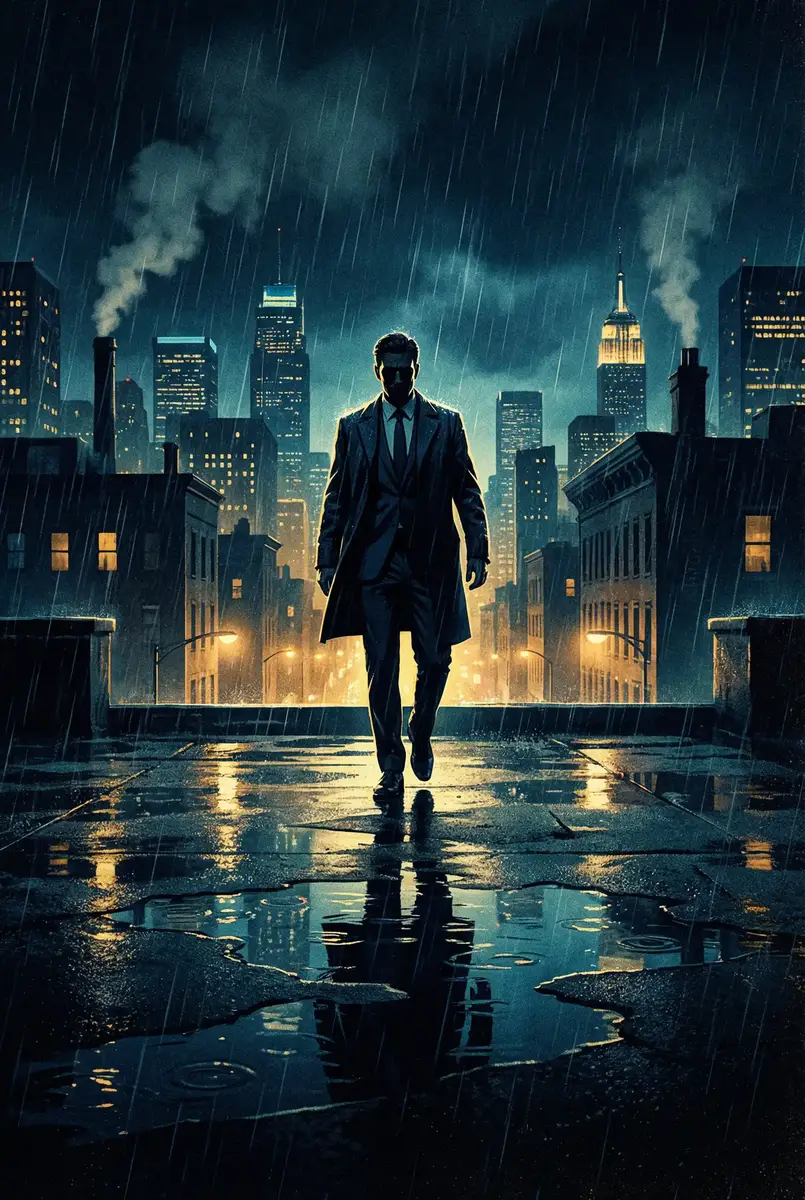 曙光泰剧 出品影片《雨夜独行者》海报，雨中城市屋顶男性剪影